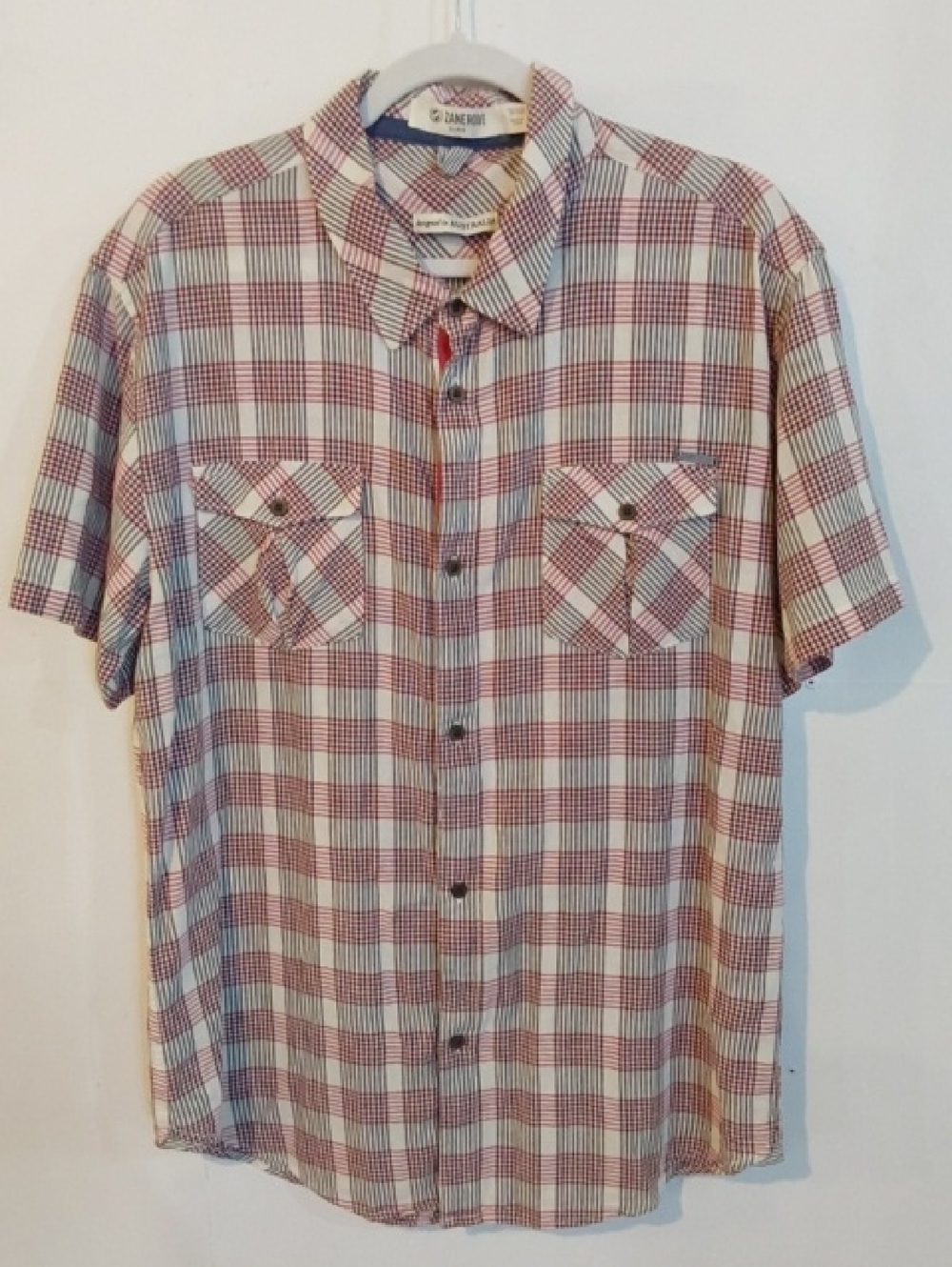ZaneRobe| Short-Sleeve Plaid Button-Up Shirt Red & White Black Preppy Linen XL